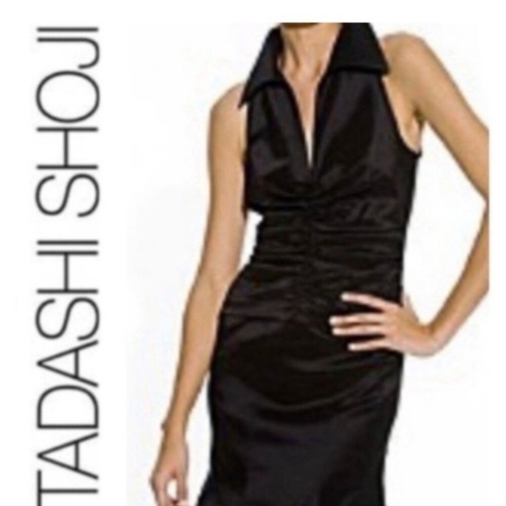 TADASHI SHOJI VTG Black Taffeta Ruched Collared Fit and Flare Dress size 6 NWT